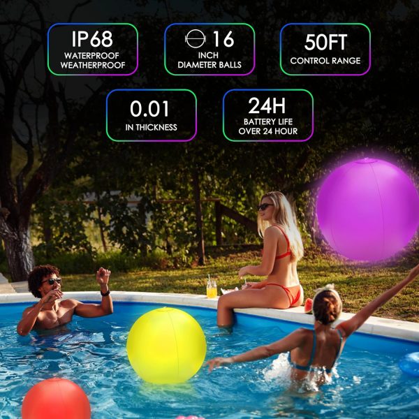 4 Pack LED Light Up Beach Ball 16", Glow-in-the-Dark Inflatable Pool Toys, Floating Pool Lights Waterproof IP68 with 16 Colors,4 Lighting Modes, Outdoor Indoor Games, Swimming Pool Party Decorations - Image 8