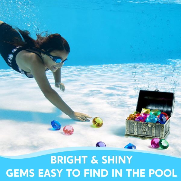 Sloosh Diving Gems Pool Toys, 16 Big Colorful Diamond with Pirate Treasure Chest,Swim Dive Toy for Kids Underwater Gemstone Swimming Training Gift Water Pool Games(Gold) - Image 2