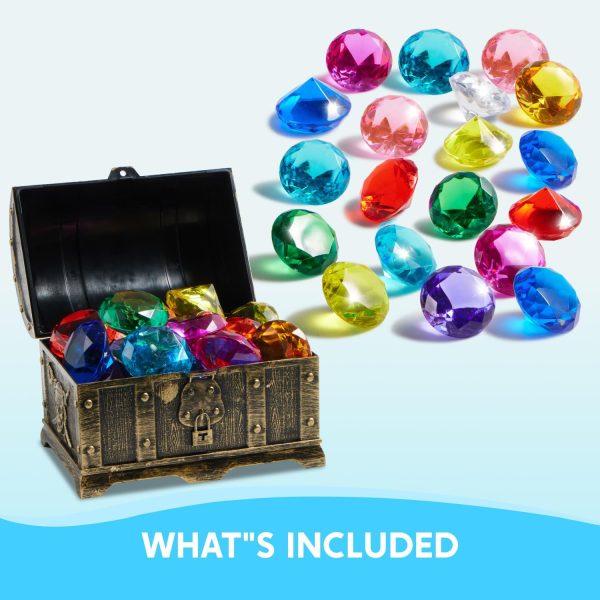 Sloosh Diving Gems Pool Toys, 16 Big Colorful Diamond with Pirate Treasure Chest,Swim Dive Toy for Kids Underwater Gemstone Swimming Training Gift Water Pool Games(Gold) - Image 4
