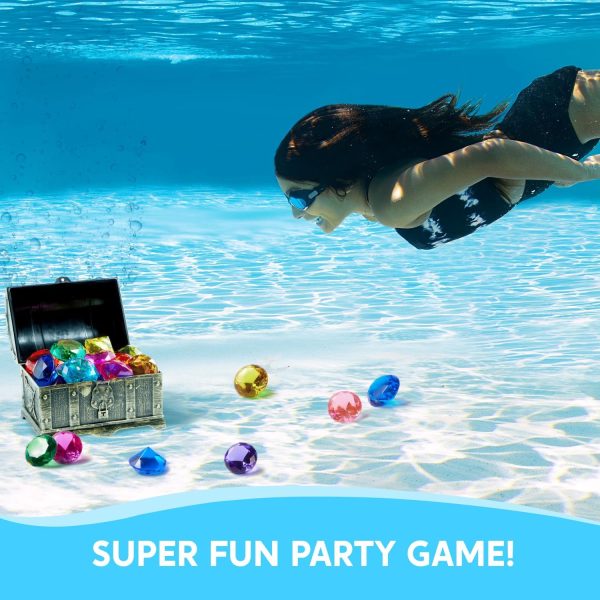 Sloosh Diving Gems Pool Toys, 16 Big Colorful Diamond with Pirate Treasure Chest,Swim Dive Toy for Kids Underwater Gemstone Swimming Training Gift Water Pool Games(Gold) - Image 6