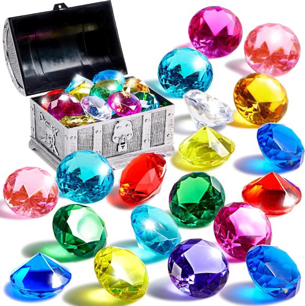 Sloosh Diving Gems Pool Toys, 16 Big Colorful Diamond with Pirate Treasure Chest,Swim Dive Toy for Kids Underwater Gemstone Swimming Training Gift Water Pool Games(Gold) - Image 7
