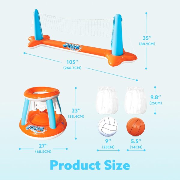 JOYIN Inflatable Pool Float Set Volleyball Net & Basketball Hoops, Floating Swimming Game Toy for Kids and Adults, Summer Floaties, Volleyball Court (105”x28”x38”)|Basketball (27.6”x23”),L-Orange - Image 2