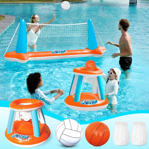 JOYIN Inflatable Pool Float Set Volleyball Net & Basketball Hoops, Floating Swimming Game Toy for Kids and Adults, Summer Floaties, Volleyball Court (105”x28”x38”)|Basketball (27.6”x23”),L-Orange - Image 9