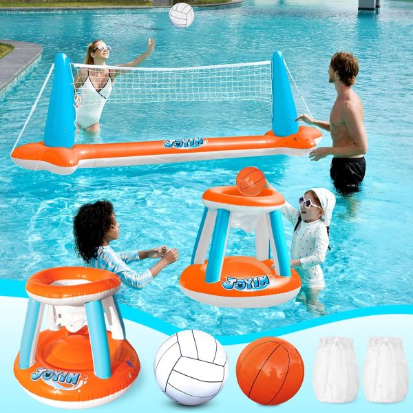 JOYIN Inflatable Pool Float Set Volleyball Net & Basketball Hoops, Floating Swimming Game Toy for Kids and Adults, Summer Floaties, Volleyball Court (105”x28”x38”)|Basketball (27.6”x23”),L-Orange - Image 48