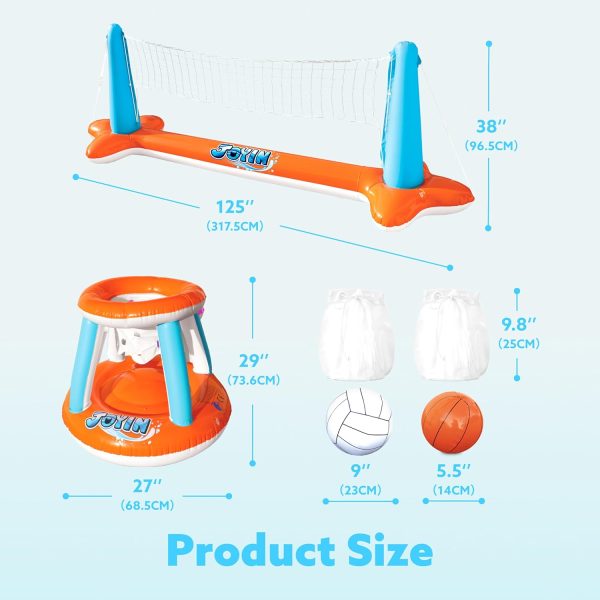 JOYIN Inflatable Pool Float Set Volleyball Net & Basketball Hoops, Floating Swimming Game Toy for Kids and Adults, Summer Floaties, Volleyball Court (105”x28”x38”)|Basketball (27.6”x23”),L-Orange - Image 49