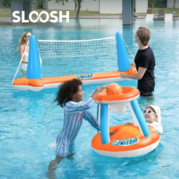 JOYIN Inflatable Pool Float Set Volleyball Net & Basketball Hoops, Floating Swimming Game Toy for Kids and Adults, Summer Floaties, Volleyball Court (105”x28”x38”)|Basketball (27.6”x23”),L-Orange - Image 53