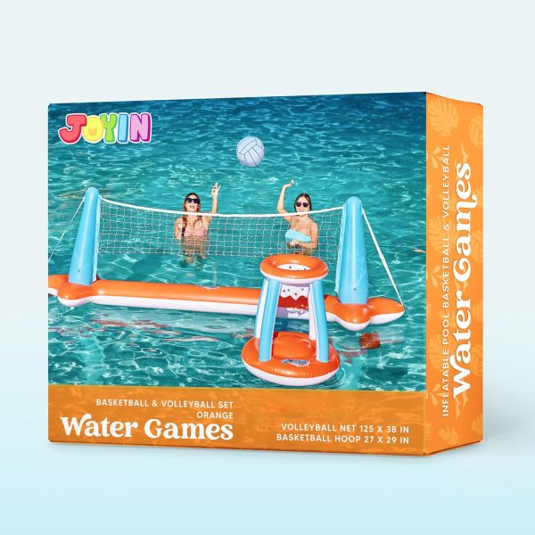 JOYIN Inflatable Pool Float Set Volleyball Net & Basketball Hoops, Floating Swimming Game Toy for Kids and Adults, Summer Floaties, Volleyball Court (105”x28”x38”)|Basketball (27.6”x23”),L-Orange - Image 55